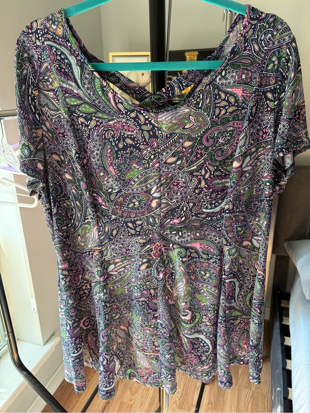 Paisley Print Women's Top - Navy with Pink & Green 1X